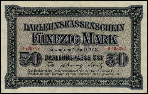 50 marek 4.04.1918, seria B, numeracja 408242; M