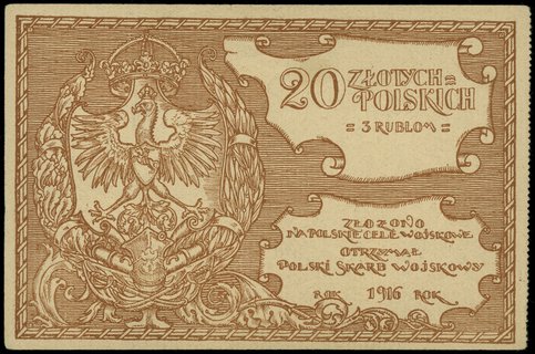 5 złotych polskich = 75 kopiejek oraz 20 złotych polskich = 3 rublom 1916, numeracje 1730 i 7065