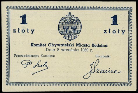 Będzin; Komitet Obywatelski; 1 złoty 8.09.1939, 