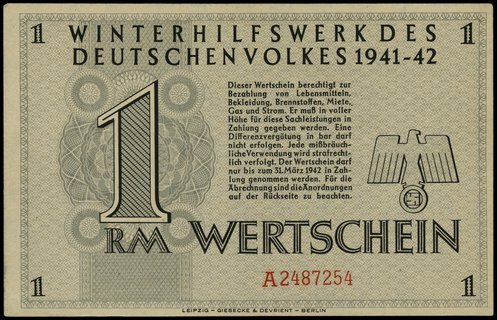 1 marka 1941-1942, seria A, numeracja 2487254, na stronie odwrotnej stempel Gau Wartheland, Krs. Schroda, wystawiony przez: E. Rothes, dla: Glumbek Franz Schroda Alter Markt 10
