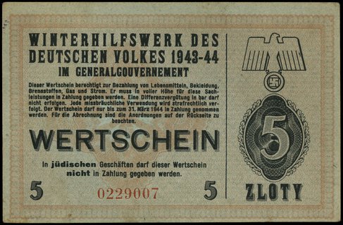 5 złotych 1943-1944, numeracja 0229007, niewypełniony blankiet, stempel B. Ostaszewski / Radom / Pierackiego 26 m 25