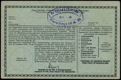 5 złotych 1943-1944, numeracja 0229007, niewypełniony blankiet, stempel B. Ostaszewski / Radom / Pierackiego 26 m 25