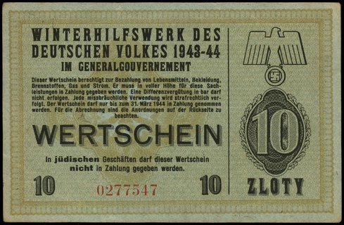 10 złotych 1943-1944, numeracja 0277547, niewypełniony blankiet, stempel B. Ostaszewski / Radom / Pierackiego 26 m 25