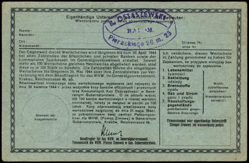 10 złotych 1943-1944, numeracja 0277547, niewypełniony blankiet, stempel B. Ostaszewski / Radom / Pierackiego 26 m 25