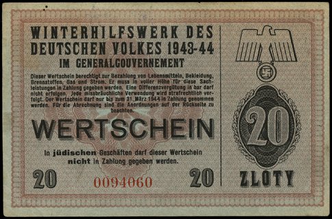 20 złotych 1943-1944, numeracja 0094060, niewypełniony blankiet, stempel B. Ostaszewski / Radom / Pierackiego 26 m 25