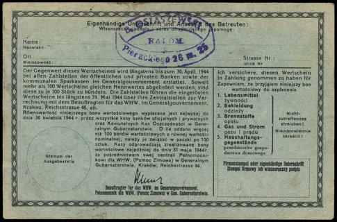 20 złotych 1943-1944, numeracja 0094060, niewypełniony blankiet, stempel B. Ostaszewski / Radom / Pierackiego 26 m 25