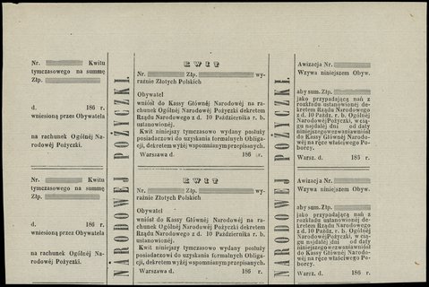 podwójny blankiet (dwa nierozcięte egzemplarze z górnej części arkusza) kwitu wniesienia opłaty do Kassy Głównej Narodowej z 1863 roku