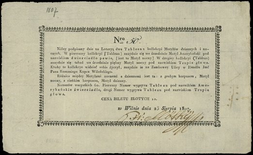 kwit loterii zorganizowanej przez firmę handlową Imć Pana Romaniego, kupca wileńskiego z ulicy Zamkowej w Wilnie, dnia 25.08.1807