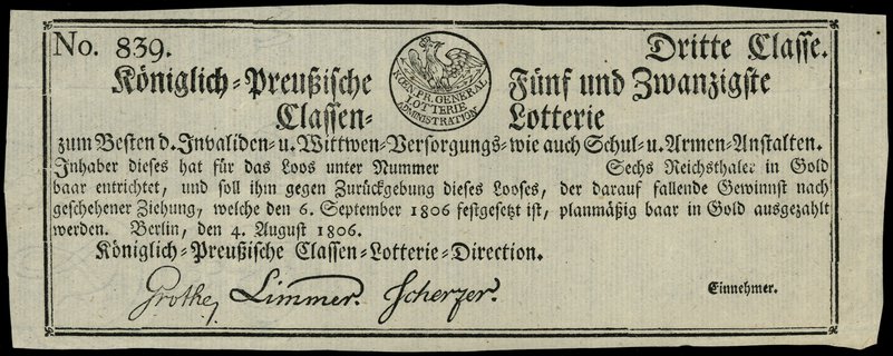 kwit loterii zorganizowanej przez Königlich-Preussische Fünf und Zwanzigste Classen-Lotterie na rzecz Inwalidów Wojennych, dnia 4.08.1806 (losowanie 6.09.1806)