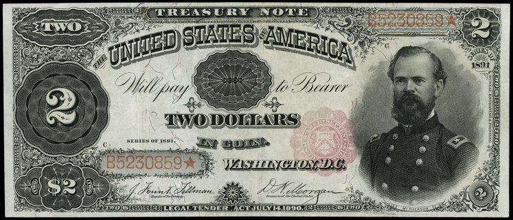 Treasury Note; 2 dolary 1891, podpisy Tillman i 