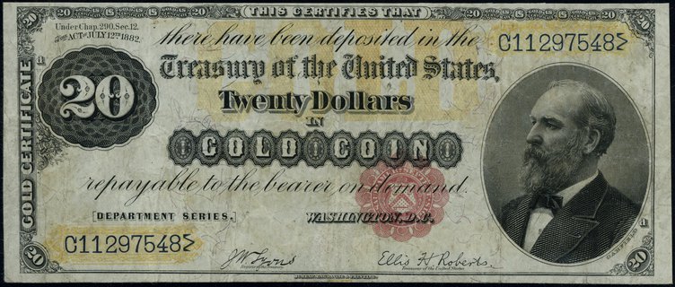 Gold Certificate, 20 dolarów w złocie 1882, podpisy Lyons i Roberts, numeracja C11297548