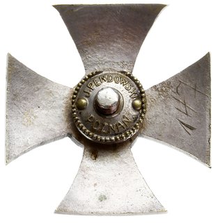 odznaka pamiątkowa Organizacji Wojskowej Pomorza 1921 r., jednoczęściowa, tombak 44 x 44 mm, nakrętka sygnowana J. Pendowski Poznań, Stela 11.3.11, na stronie odwrotnej numer 147