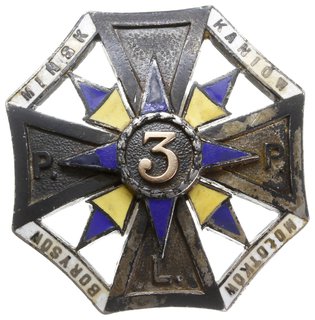 oficerska odznaka pamiątkowa 3 Pułku Piechoty Legionów - Jarosław, wzór 2, odznaka dwuczęściowa, nakładka mocowana na dwa nity, Sawicki/Wielechowski s. 28, odznaka wykonana w srebrze 40 x 40 mm, niebieska, biała i żółta emalia, cyfra 3 wykonana ze złota, na stronie odwrotnej numer 93, nieco uszkodzona emalia