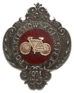 odznaka pamiątkowa Polskiego Towarzystwa Kolarskiego SIŁA z 1924 r., dwuczęściowa wykonana z tombaku 25 x 20 mm, czerwona emalia, nakładka - rower - ze złota mocowany na dwa druty. Nakrętka bezimienna