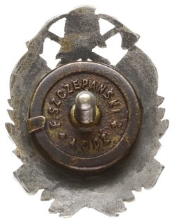odznaka rocznicowa 25 Lecia Straży Pożarnej w Konstantynowie 1902-1927, jednoczęściowa wykonana w tombaku srebrzonym 31 x 24 mm, strona odwrotna gładka. Nakrętka sygnowana F. Szczepański Łódź