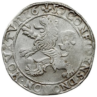 talar lewkowy (Leeuwendaalder) 1652, rycerz stojący w lewo z głową zwróconą do tyłu, znak menniczy lilia