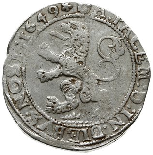 talar lewkowy (Leeuwendaalder) 1649, rycerz stojący w lewo z głową zwróconą do tyłu, znak menniczy: rozeta