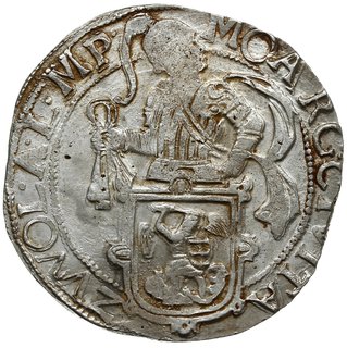talar lewkowy (Leeuwendaalder) 1653, rycerz stojący w lewo z głową zwróconą do tyłu, znak menniczy: rozeta
