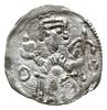 denar z lat 1157-1166; Aw: Cesarz siedzący na tronie na wprost, trzymający lilię w dłoni po prawej..
