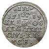 trojak 1589, Ryga; z lewej strony liter GE znak mincerski lilijka, trójlistki po bokach nominału; ..