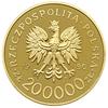 200.000 złotych 1990, Warszawa; Solidarność 1980-1990; złoto małej średnicy” 32 mm, próby ‘999’ 30..