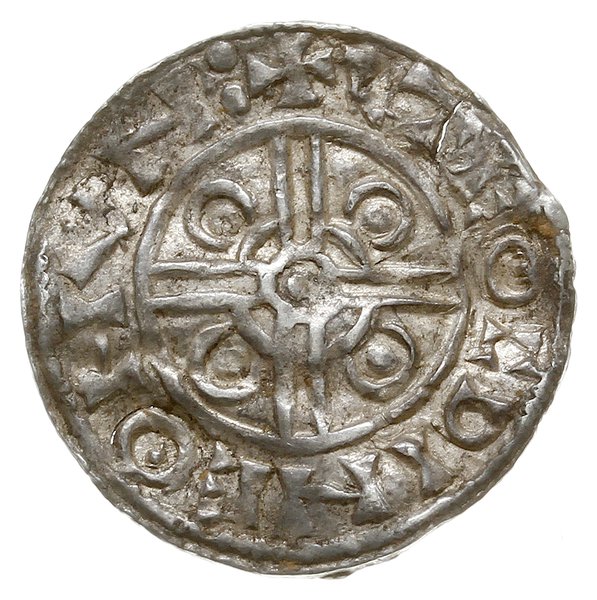 denar typu pointed helmet, 1024-1030, mennica Huntingdon?, mincerz Leofwine?