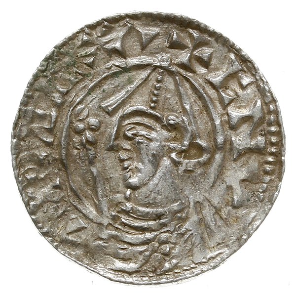 denar typu pointed helmet, 1024-1030, mennica Lincoln, mincerz Godwine