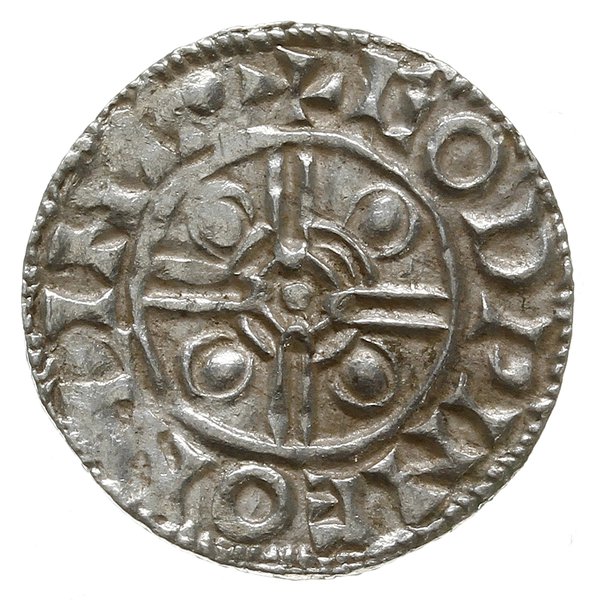 denar typu pointed helmet, 1024-1030, mennica Lincoln, mincerz Godwine