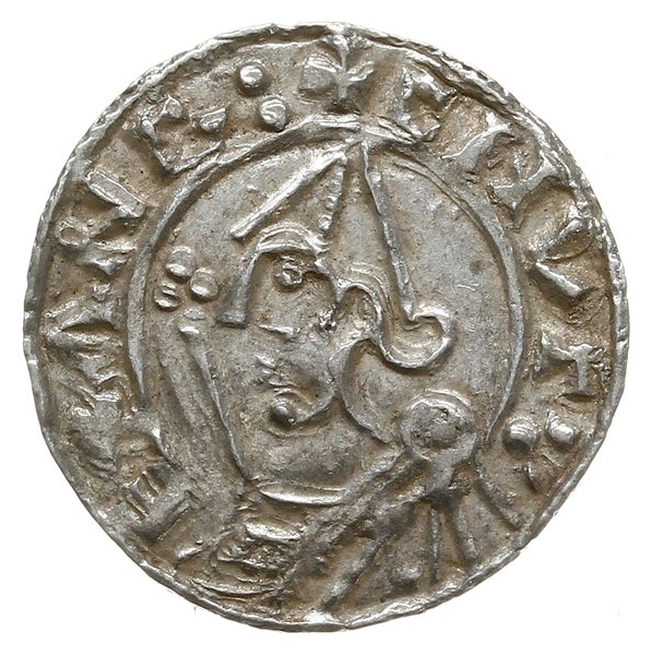 denar typu pointed helmet, 1024-1030, mennica Lincoln, mincerz Leofinc