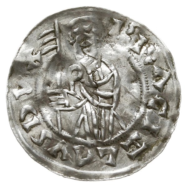 denar z lat 1037-1050; Aw: Postać z proporcem na