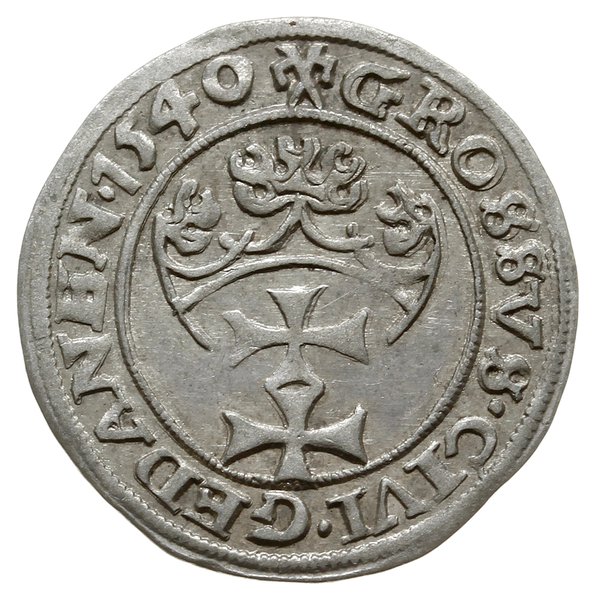 grosz 1540, Gdańsk; na awersie PRVS kończy napis