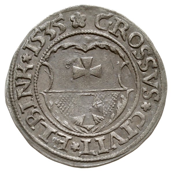 grosz 1535, Elbląg; na awersie PRVSS kończy napi
