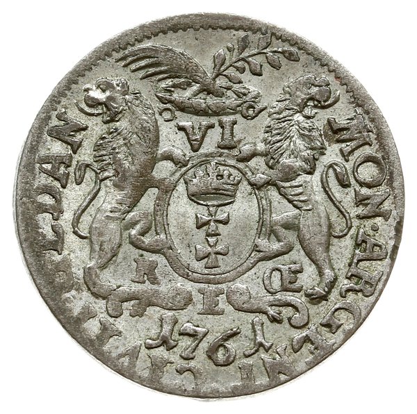 szóstak 1761, Gdańsk; z małą koroną w herbie mia