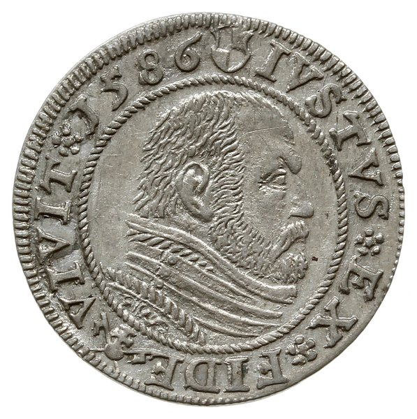 grosz 1586, Królewiec; pod popiersiem księcia zn
