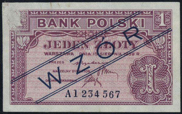 1 złoty 15.08.1939; granatowy ukośny nadruk WZÓR