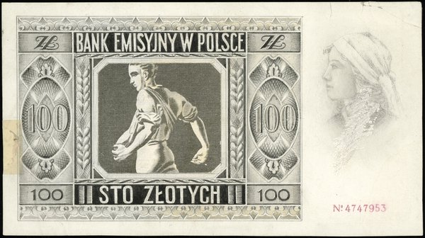 projekt (makieta) strony odwrotnej do banknotu 100 złotych 1.03.1940