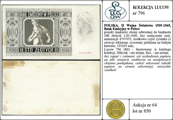projekt (makieta) strony odwrotnej do banknotu 100 złotych 1.03.1940