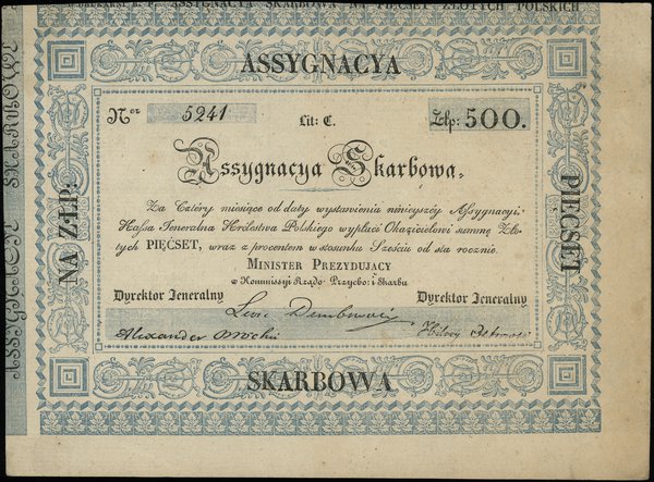 asygnacja skarbowa na 500 złotych z 1831 r; nume