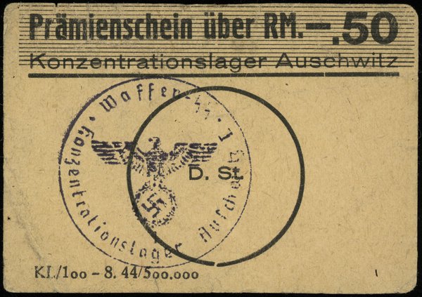 bon na 0.50 marki, bez numeracji, papier kremowy, duży okrąg na stempel Waffen-SS / Konzentrationslager Auschwitz”