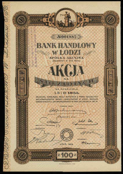 Bank Handlowy w Łodzi S.A.; akcja na 100 złotych