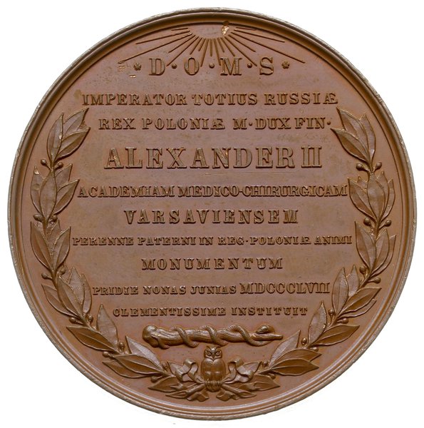 medal z 1857 roku autorstwa J. Minheymera wybity na założenie Akademii Medyczno-Chirurgicznej w Warszawie