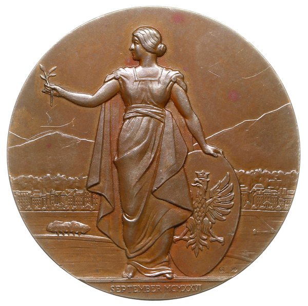 medal z 1926 roku autorstwa Józefa Aumillera wybity z okazji Przyjęcia Polski do Ligi Narodów