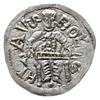 denar z lat 1146-1157; Aw: Książę z mieczem trzymanym poziomo siedzący na tronie na wprost, napis ..