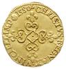 écu d’or au soleil 1580 B, Rouen; Aw: Trzy lilie w tarczy pod koroną; Rw: Krzyż utworzony ze splec..