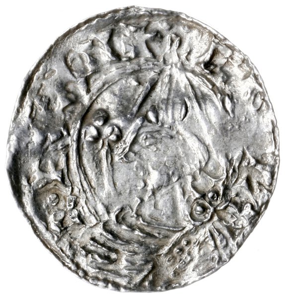 denar typu pointed helmet, 1024-1030, mennica Lewes, mincerz Godfrith