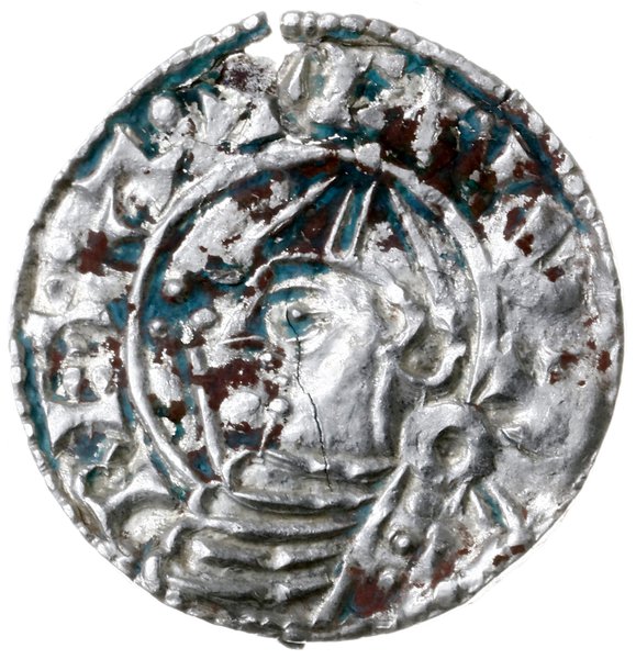 denar typu pointed helmet, 1024-1030, mennica Southwark, mincerz Ælfwine