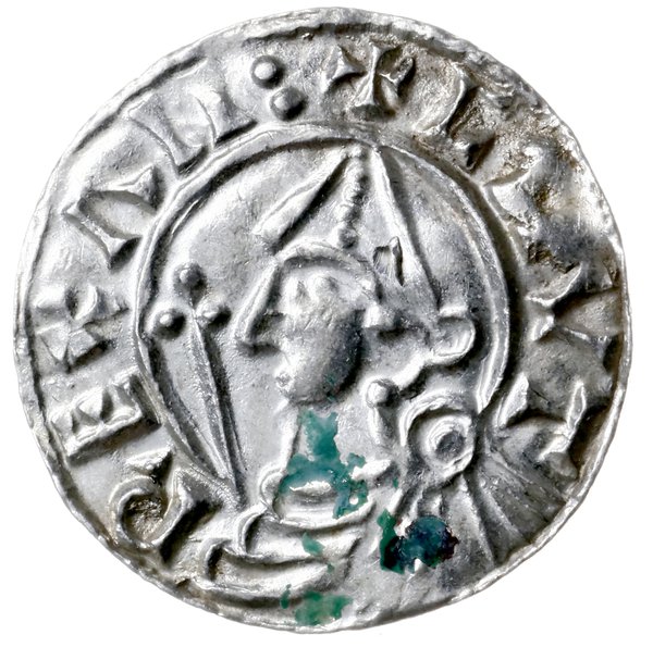 denar typu pointed helmet, 1024-1030, mennica York, mincerz Grimulf