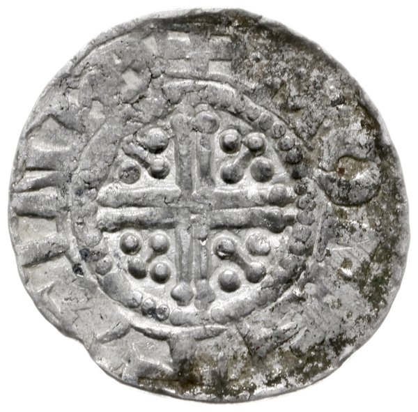 anonimowy denar (sterling) typu short cross, mennica Iserlohn, Aw: Popiersie wzorowane na anglosaskiego Henryka III, o bujnej fryzurze, z berłem, [MONETA]