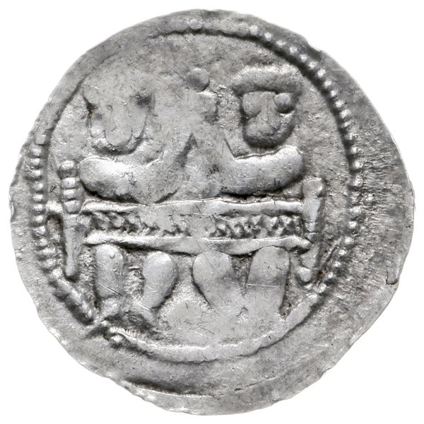 denar z lat 1146-1157; Aw: Rycerz stojący na wpr
