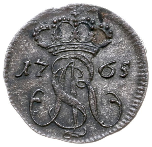 szeląg 1765, Gdańsk; duża korona nad monogramem;